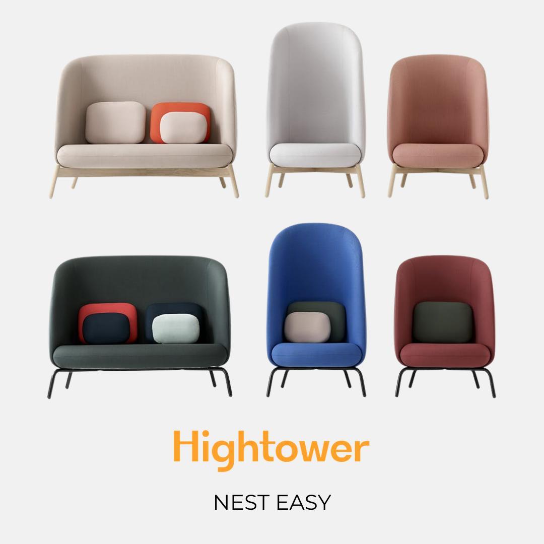 The Nest Collection includes lounge sofas, chairs, and tables in two distinct heights, as well as a highback lounge.